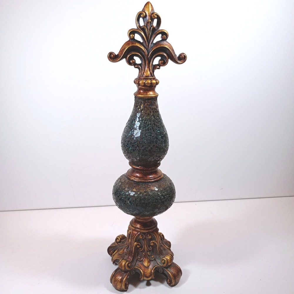 Ornate Mosaic Glass Finial Statue Fleur De Lis Topper Table Centerpiece 16"